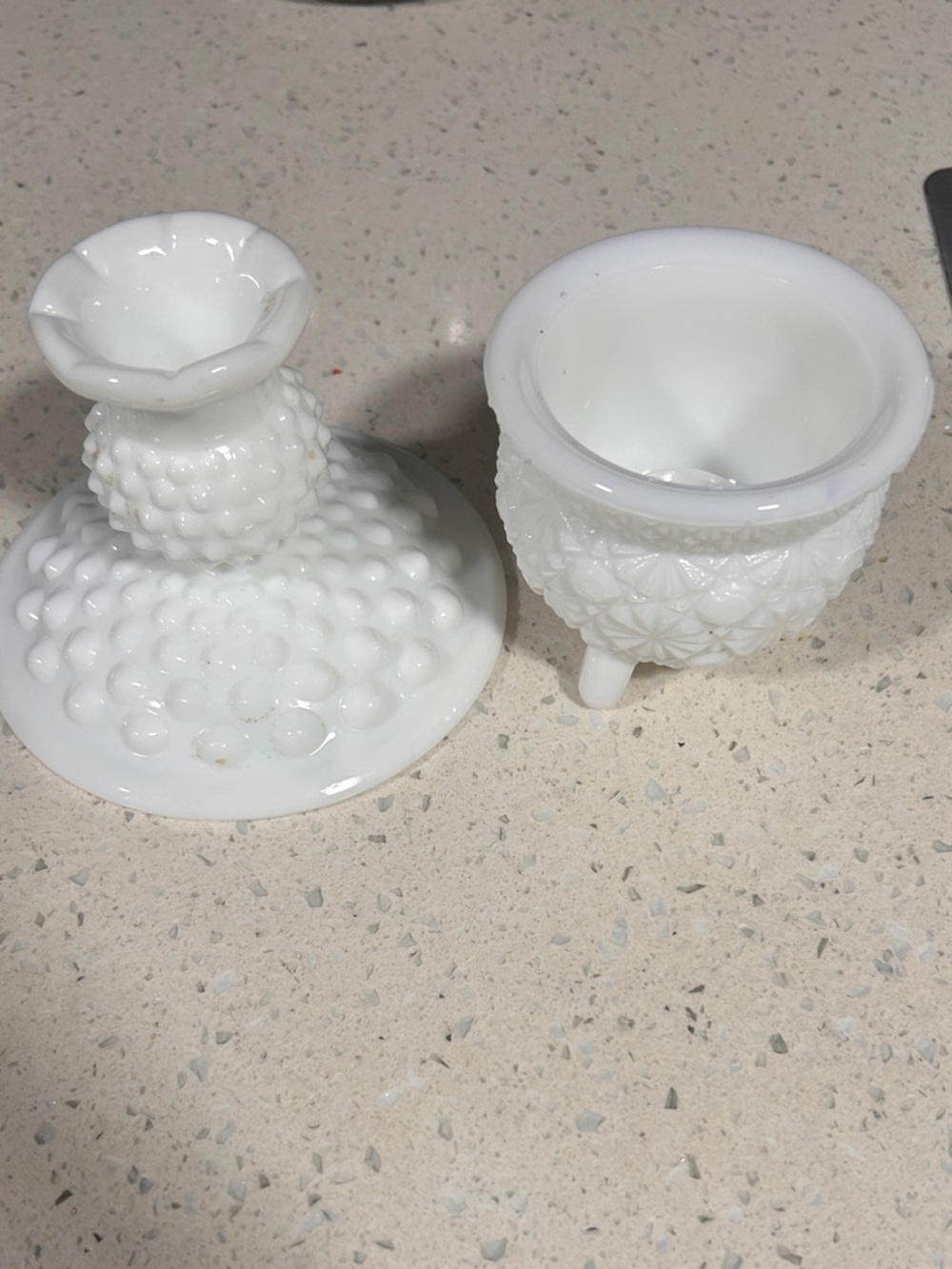 Vintage White Milk Glass Hobnail Candle Holder & Footed Trinket Dish